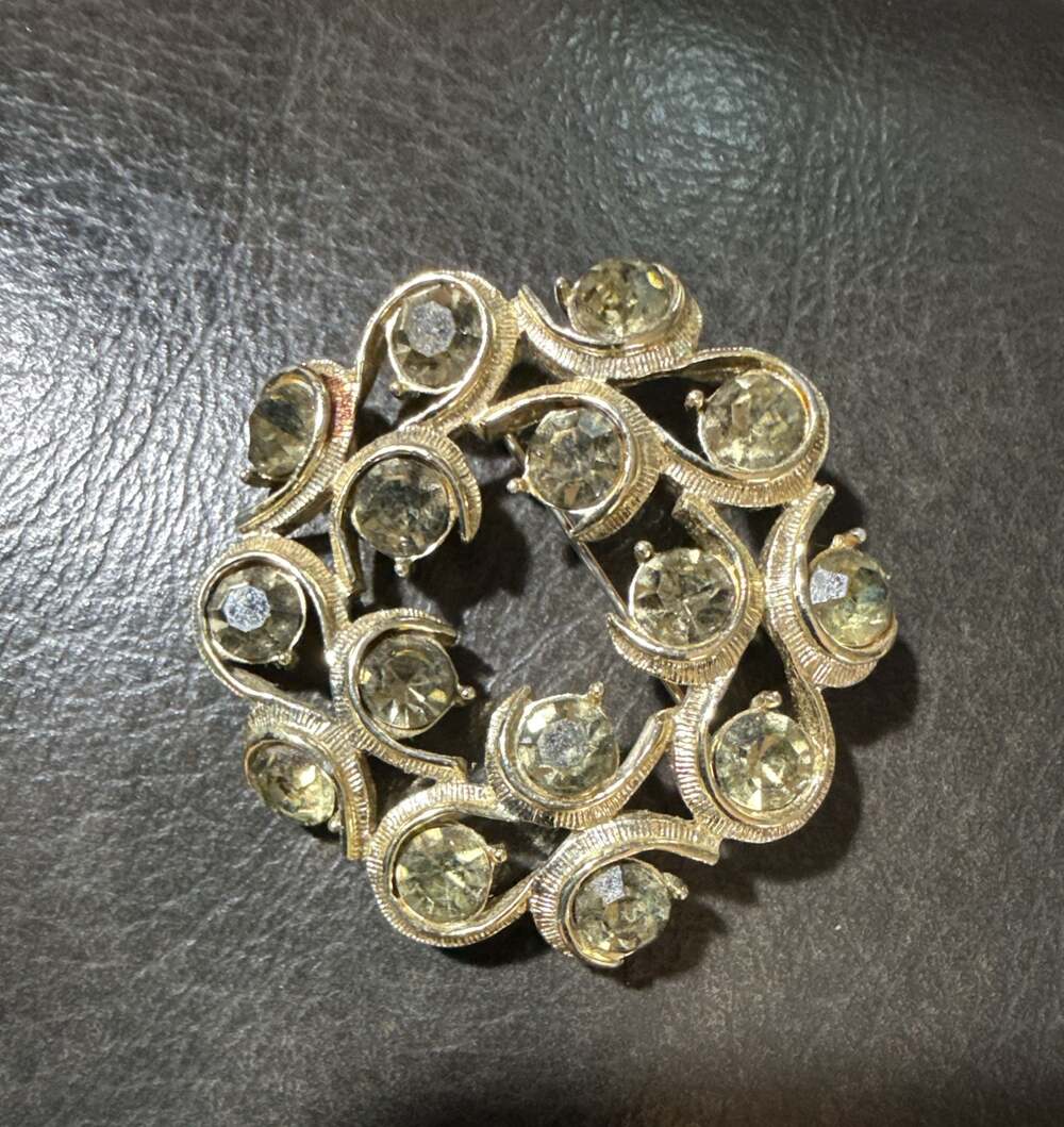Vintage Jewels by Bogoff Smoke Grey Rhinestone Wreath Brooch Pin  Signed